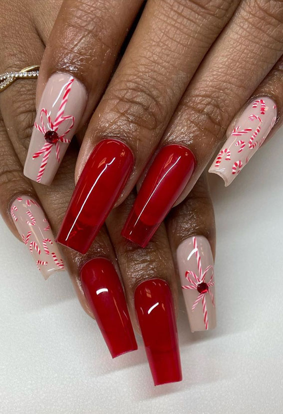 50+ Stylish Festive Nail Designs : Red Jelly & Candy Cane Nude Nails