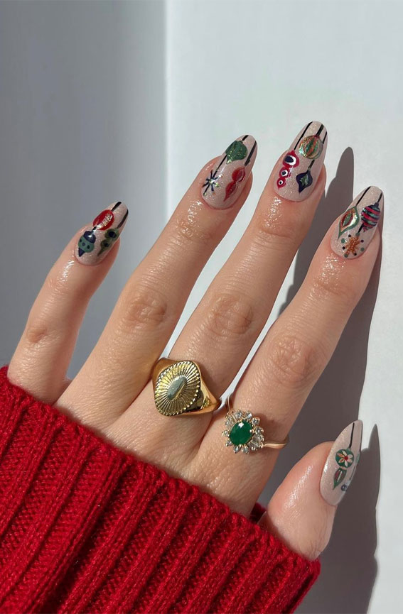 50+ Stylish Festive Nail Designs : Colourful Bauble Nails
