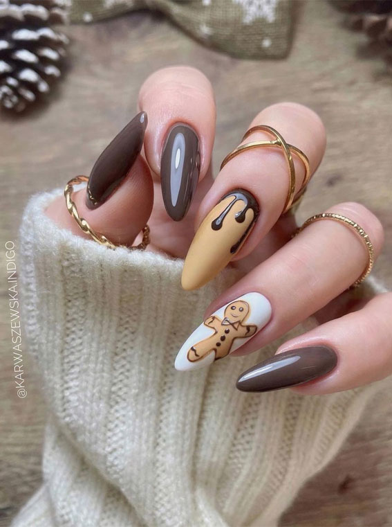 50+ Stylish Festive Nail Designs : Brown Chocolate Nails with Gingerbread Man