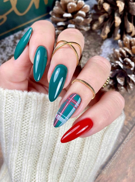 50+ Stylish Festive Nail Designs : Red & Green plaid Almond Nails
