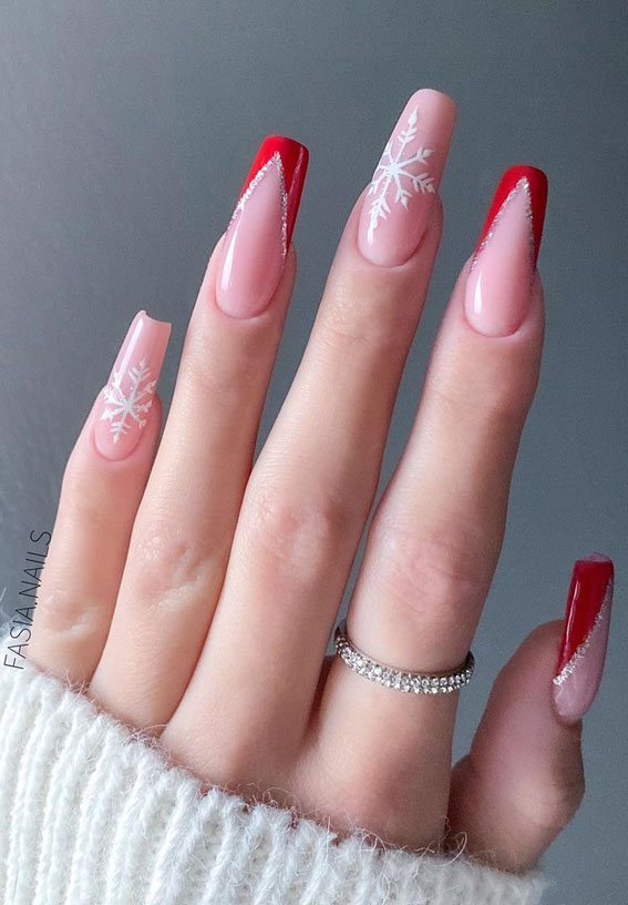 50+ Stylish Festive Nail Designs : Red French Tips + Snowflake Nails