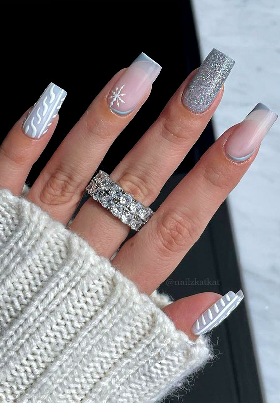 50 Best Holiday Nail Art Ideas & Designs : Grey Sparkly Nails with Snowflake & Sweater