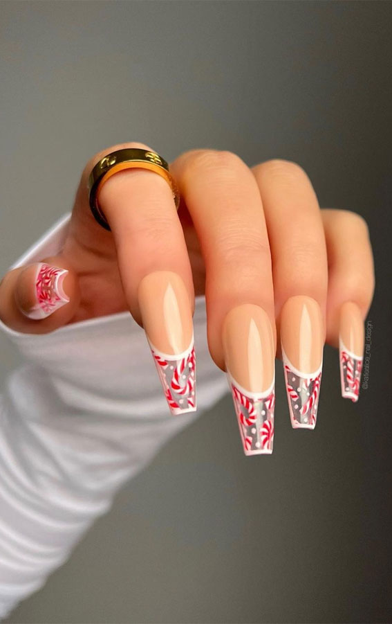50+ Stylish Festive Nail Designs : Candy Cane Clear Tip Nails