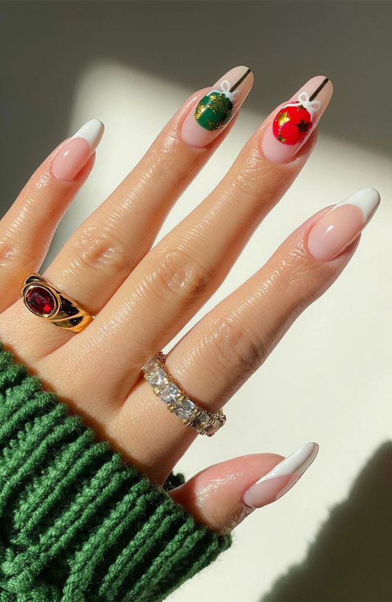50+ Stylish Festive Nail Designs : Green & Red Bauble Nails