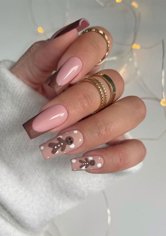 50+ Stylish Festive Nail Designs : Gingerbread + French Tips