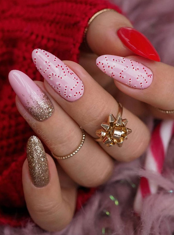 50+ Stylish Festive Nail Designs : Candy Cane Pink Nails