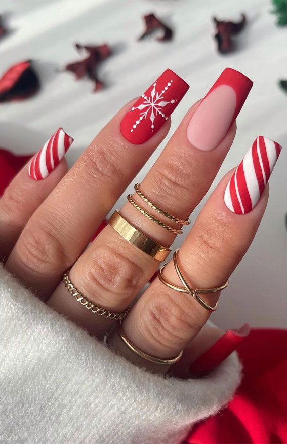 50 Best Holiday Nail Art Ideas & Designs : Matte Red Christmas Nails with Snowflake