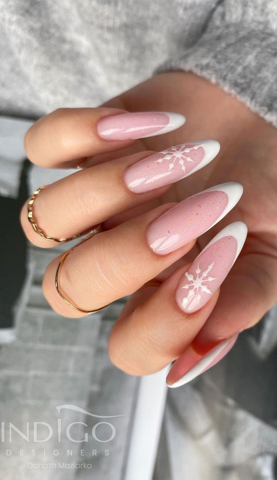 50 Best Holiday Nail Art Ideas & Designs : Simple French Nails with Snowflake