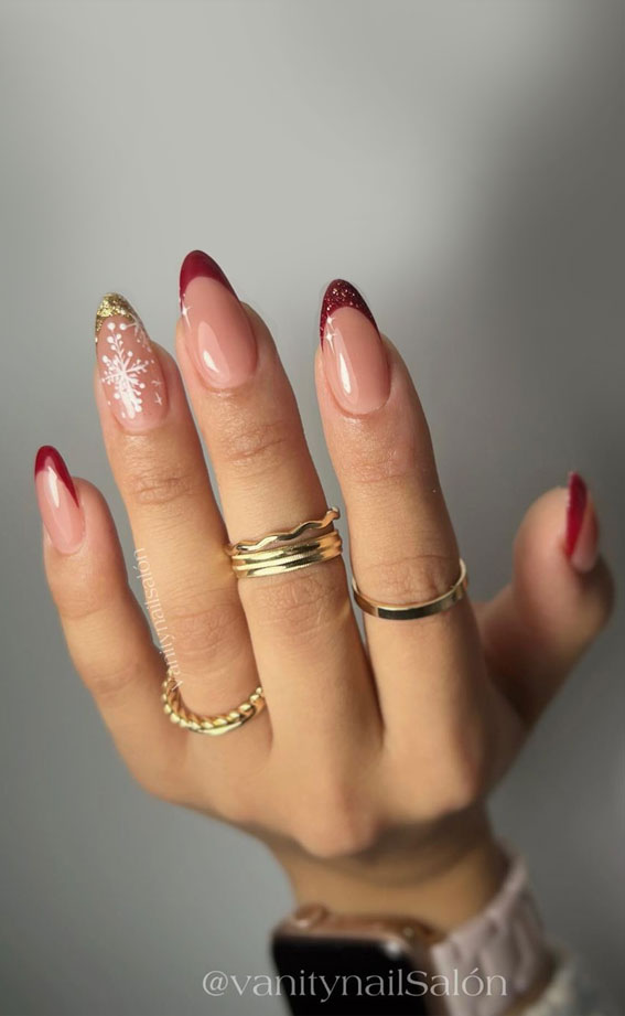 50 Best Holiday Nail Art Ideas & Designs : Gold & Red French Tips with Snowflake