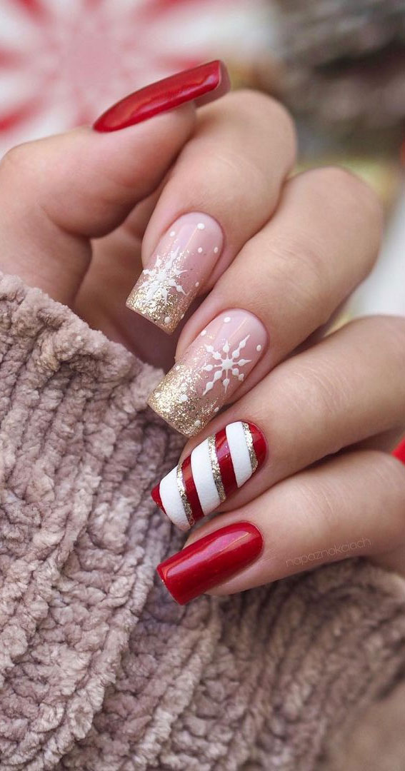50 Best Holiday Nail Art Ideas & Designs : Candy Cane + Ombre Glitter Tip Nails