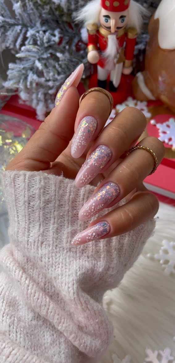 50 Best Holiday Nail Art Ideas & Designs : Subtle Snowflake Nails with Sparkly Cuffs