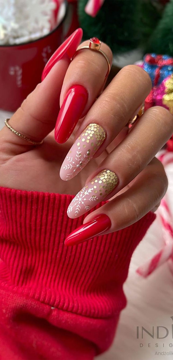 50 Best Holiday Nail Art Ideas & Designs : Red + Subtle Matt Nails with Snowflake