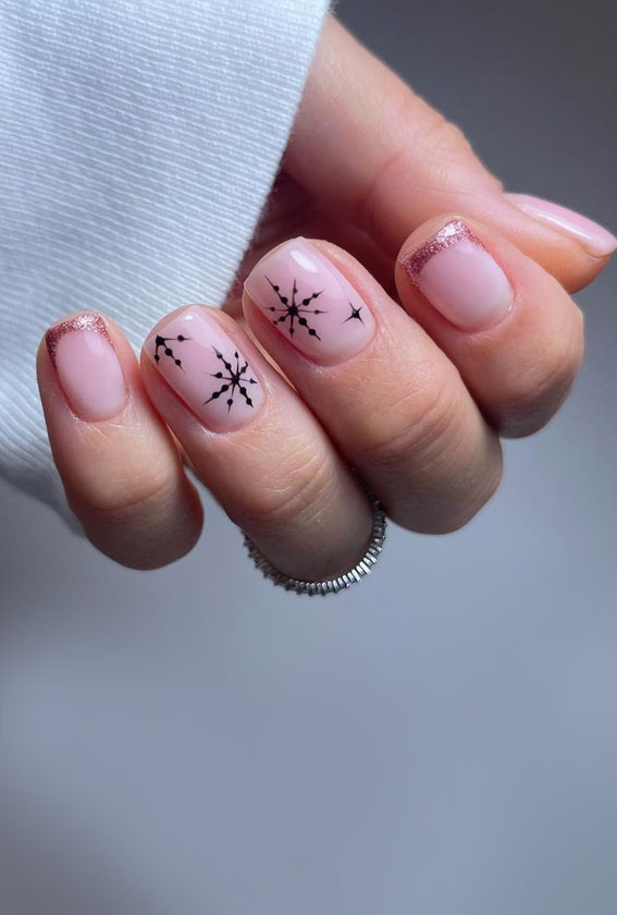 50 Best Holiday Nail Art Ideas & Designs : Rose Gold French Tips + Snowflake Nails