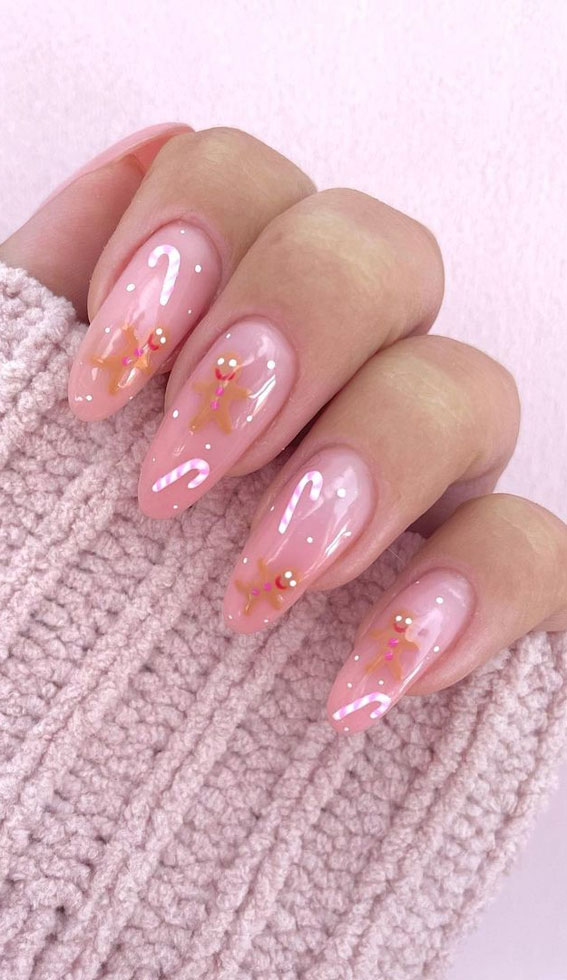 50 Best Holiday Nail Art Ideas & Designs : Gingerbread Man + Candy Cane Sheer Nails