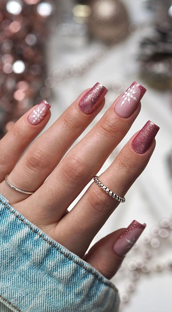 50 Best Holiday Nail Art Ideas & Designs : Sparkly Mauve Pink Nails with Snowflake