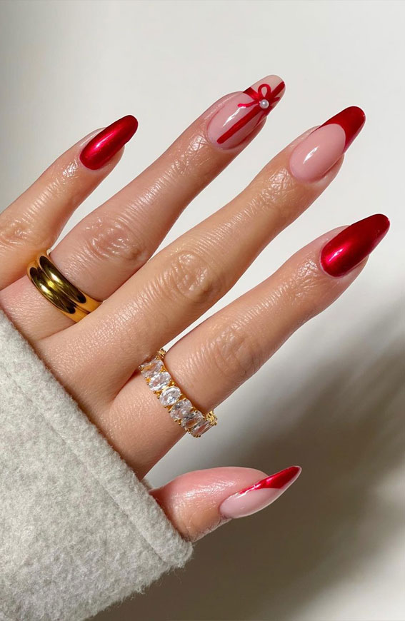 50+ Stylish Festive Nail Designs : Red Present Wrap & Red Tips