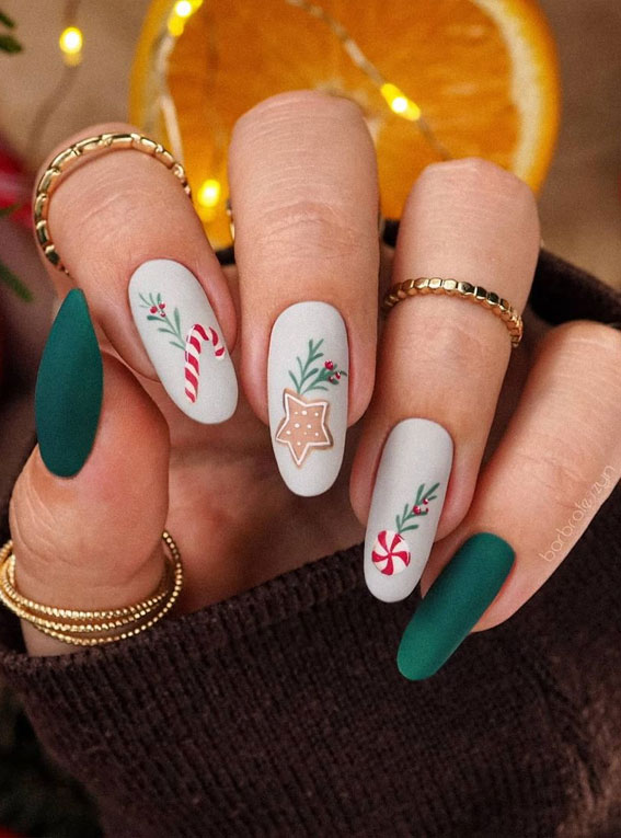 50+ Stylish Festive Nail Designs : Green and White Christmas Nails