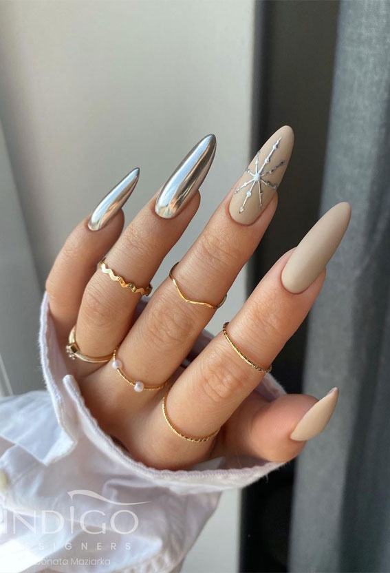 50 Best Holiday Nail Art Ideas & Designs : Metal Chrome + Neutral Nails with Snowflake