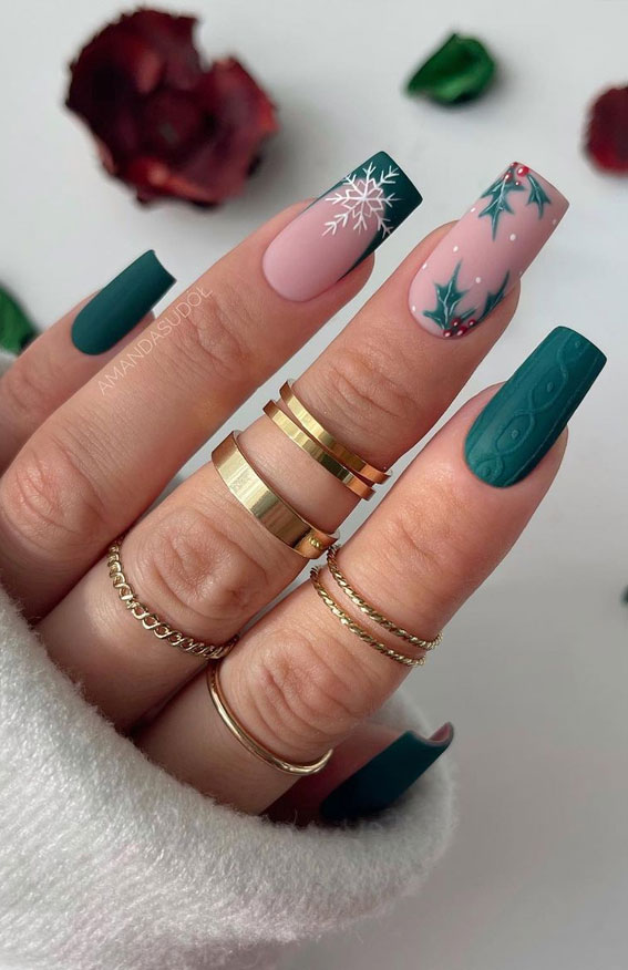 50 Best Holiday Nail Art Ideas & Designs : Green Sweater, Ivy and Snowflake Nails