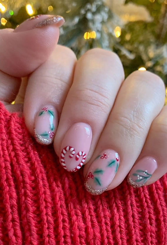 50+ Stylish Festive Nail Designs : Candy Cane + Gold Glitter Tips Natural Nails