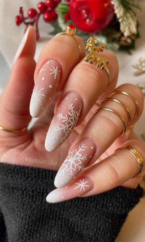 50+ Stylish Festive Nail Designs : Ombre Nails with Snowflake
