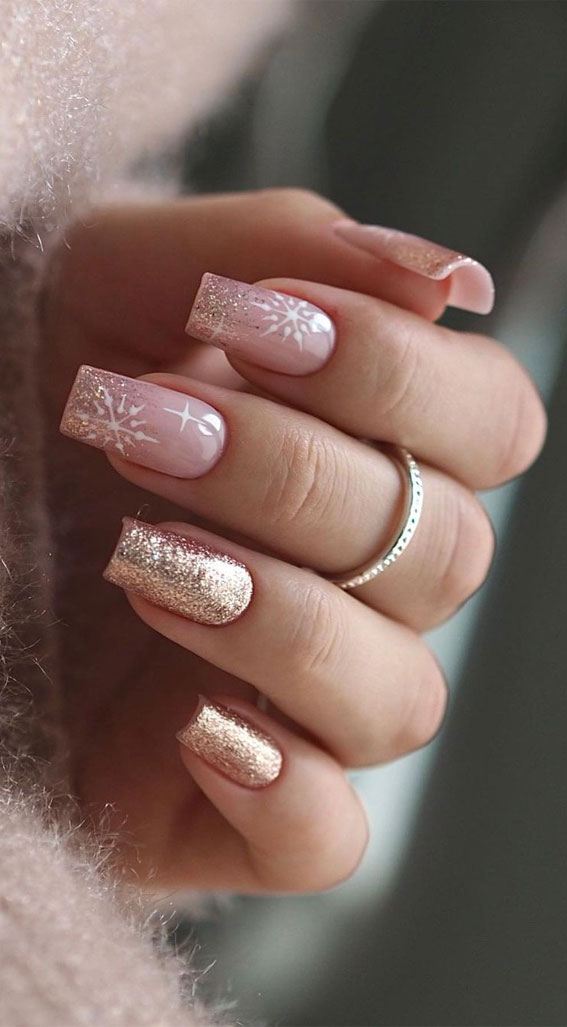 50 Best Holiday Nail Art Ideas & Designs : Glittery Tips Neutral Nails with Snowflake