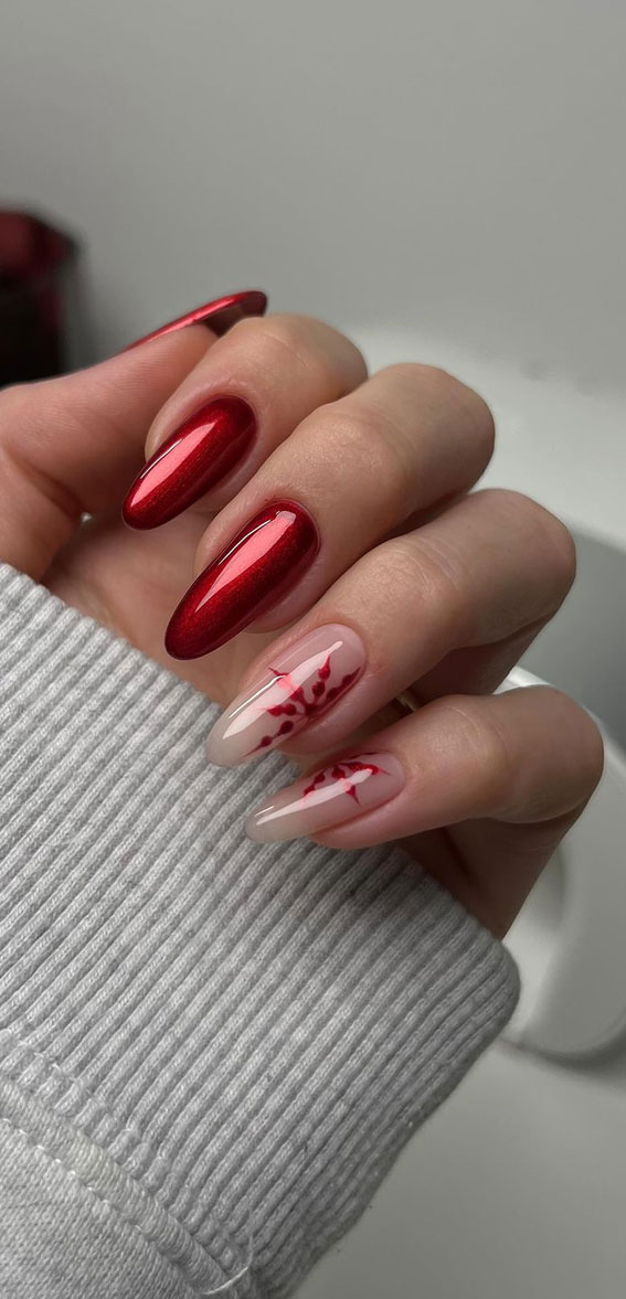 50+ Stylish Festive Nail Designs : Red Snowflake Sheer Nails