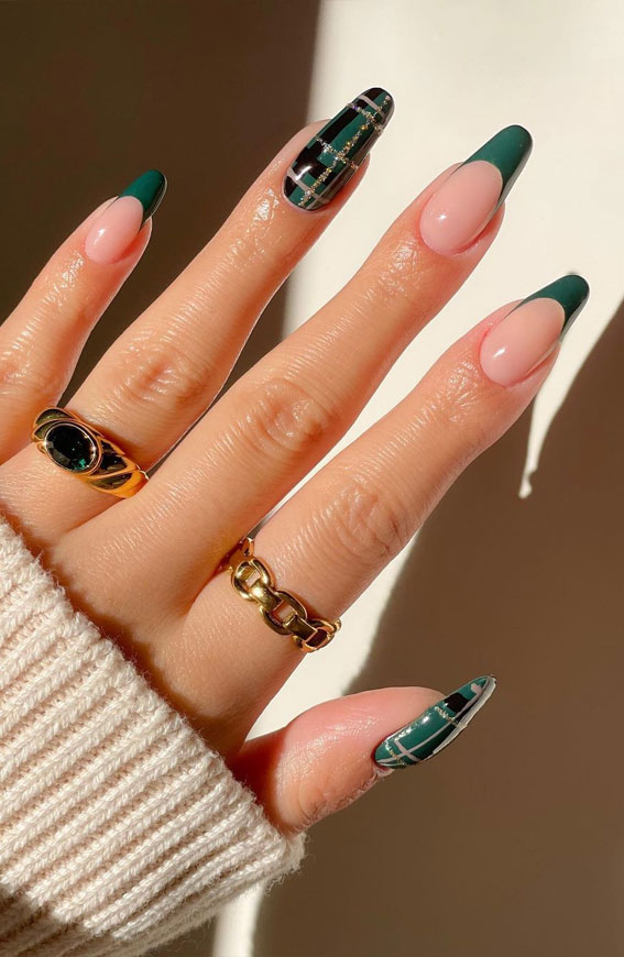 50+ Stylish Festive Nail Designs : Green Plaid and French Nails