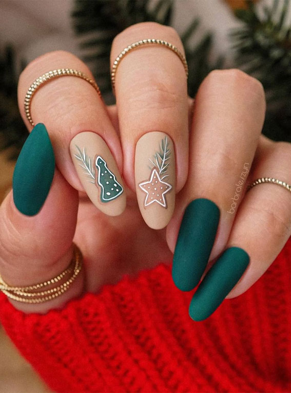 50+ Stylish Festive Nail Designs : Matte Green and Nude Festive Nails