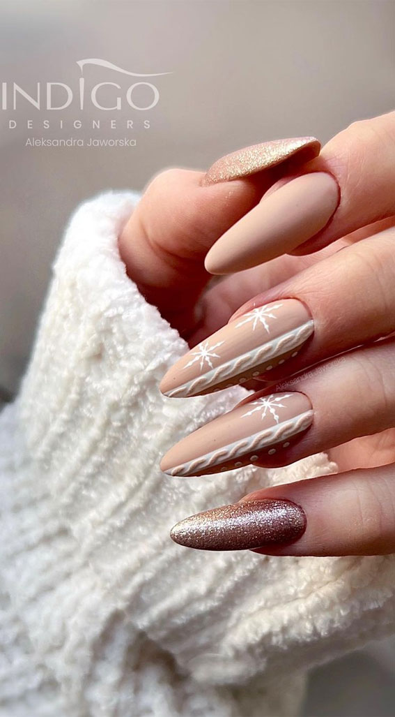 50 Best Holiday Nail Art Ideas & Designs : Glitter Mixed Matte Nude Sweater Nails