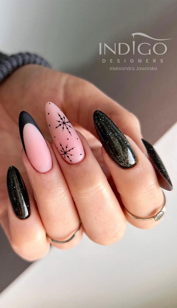 50 Best Holiday Nail Art Ideas & Designs : Shimmery Black + Snowflake Nails