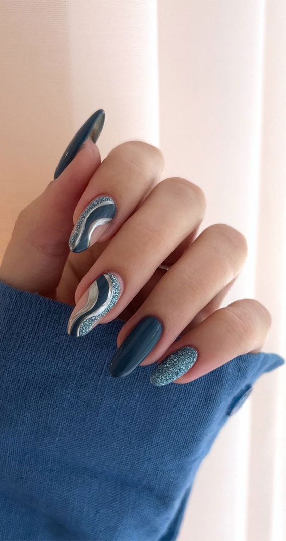50 Best Holiday Nail Art Ideas & Designs : Winter Dark Blue Swirl Nails