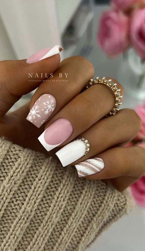 50 Best Holiday Nail Art Ideas & Designs : Candy Cane, Snowflake French Nails