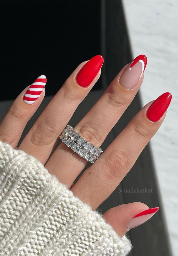 50 Best Holiday Nail Art Ideas & Designs : Red Candy Cane & Santa Hat Nails