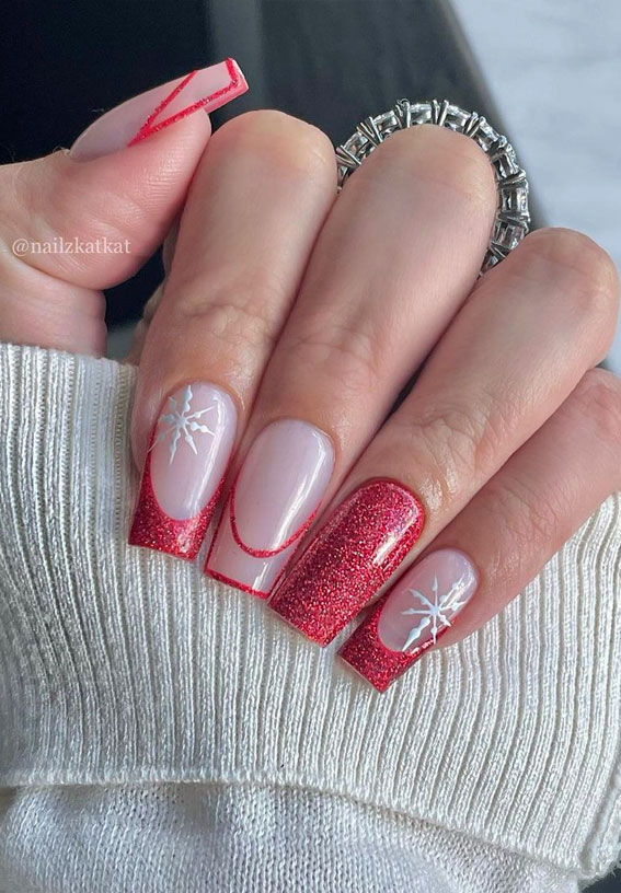 50 Best Holiday Nail Art Ideas & Designs : Red Sparkly Nails with Snowflake