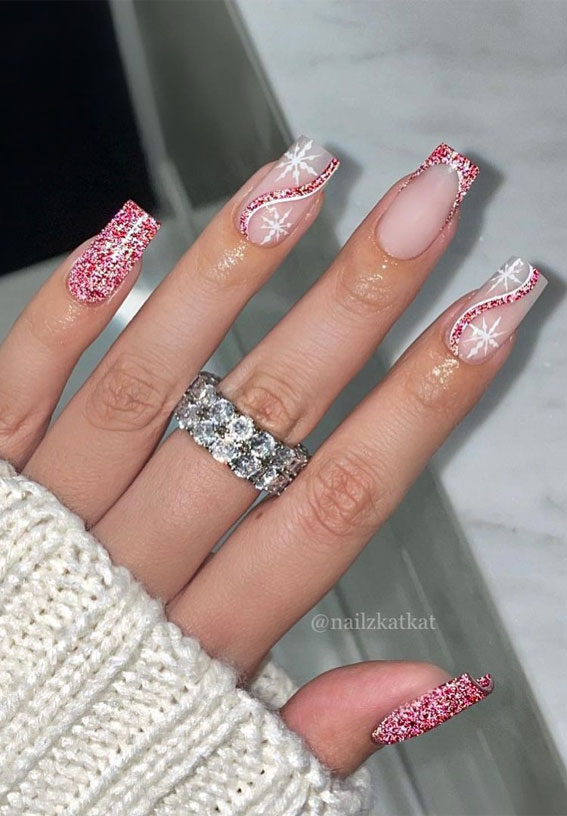 50 Best Holiday Nail Art Ideas & Designs : Pink Sparkly Nails with Snowflake