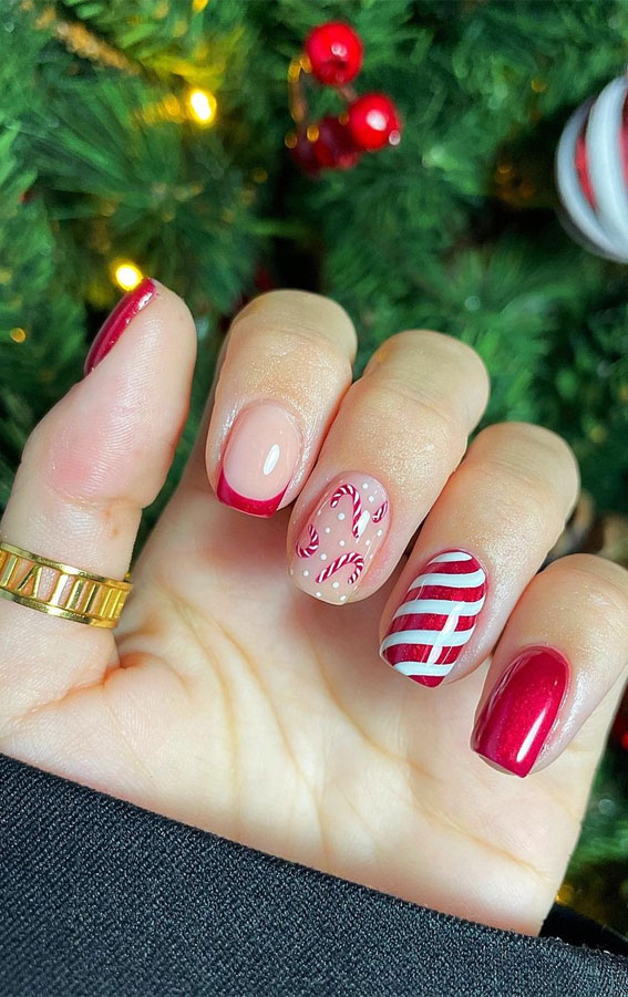 50+ Stylish Festive Nail Designs : Candy Cane + Red Tip Nails