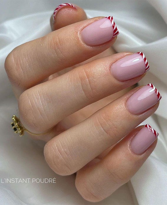 50+ Stylish Festive Nail Designs : Candy Cane French Tip Short Nails