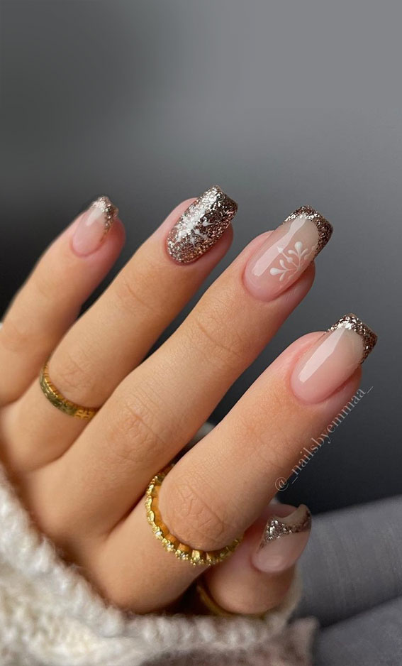 50+ Stylish Festive Nail Designs : Glitter French Tip Nails with Snowflake