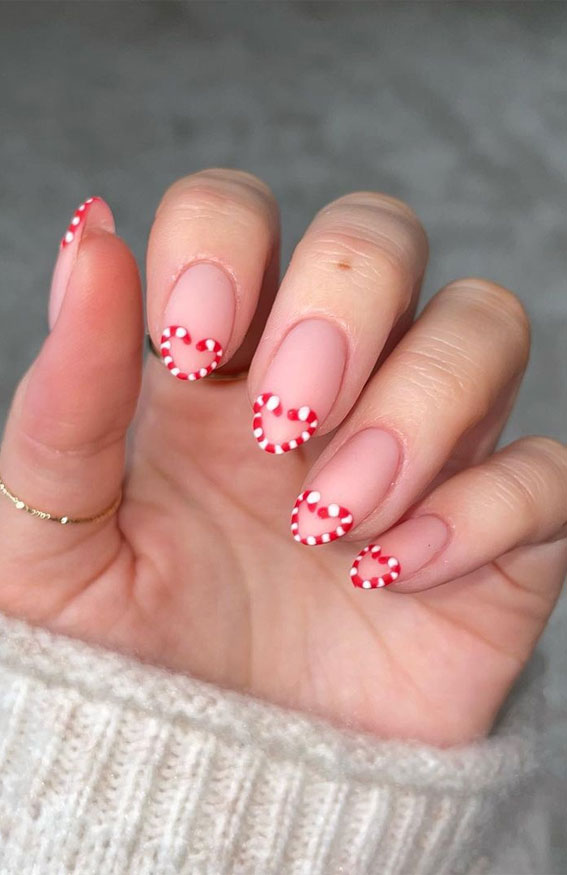 50+ Stylish Festive Nail Designs : Candy Cane Heart Tip Nails
