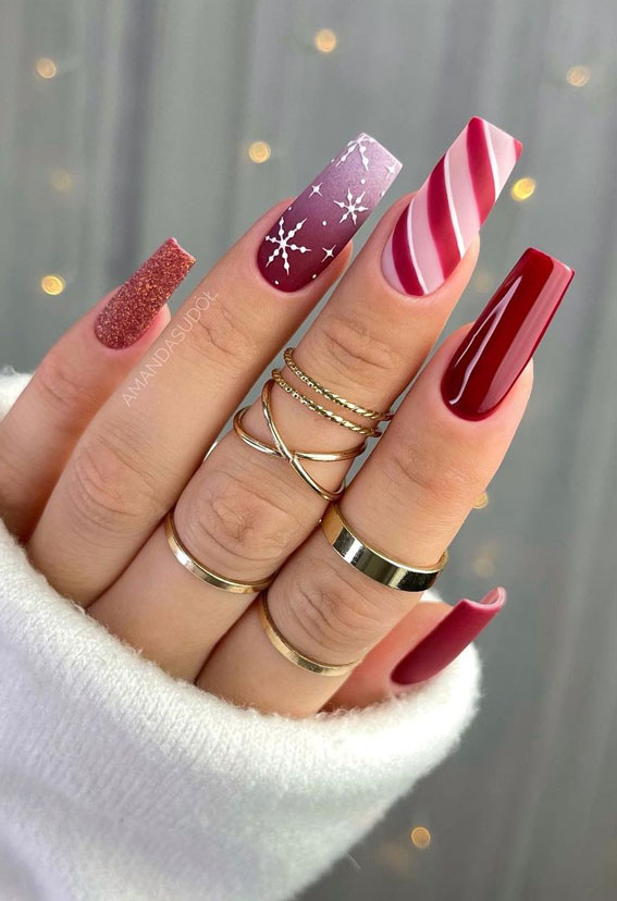 50+ Stylish Festive Nail Designs : Mix n Match Red Christmas Square Nails