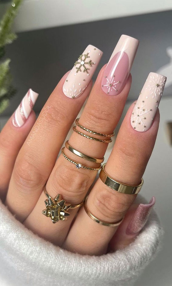 50+ Stylish Festive Nail Designs : Textured Snowflake Neutral Tapered Square Nails