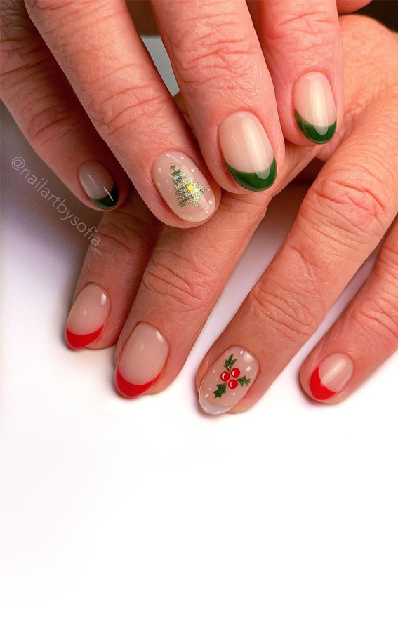 50+ Stylish Festive Nail Designs : Green & Red French Tip Nails