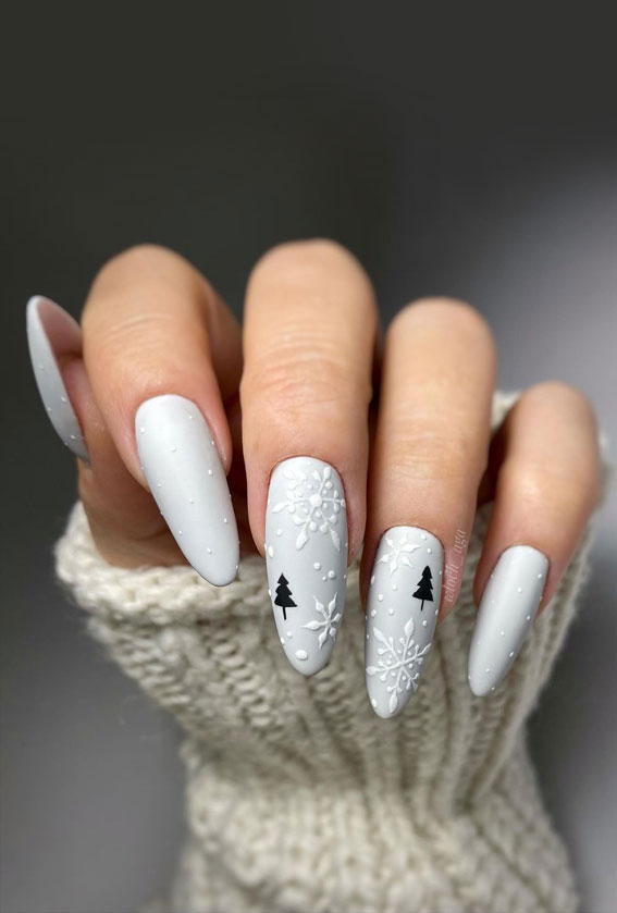 50+ Stylish Festive Nail Designs : White Nails with Textured Snowflakes