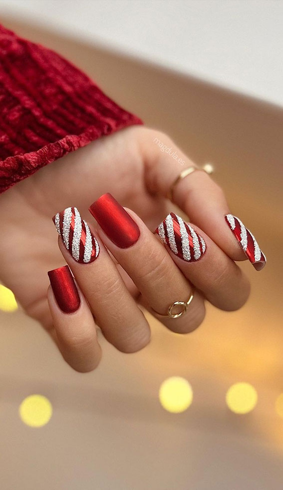 50+ Stylish Festive Nail Designs : Textured Red Candy Cane Nails