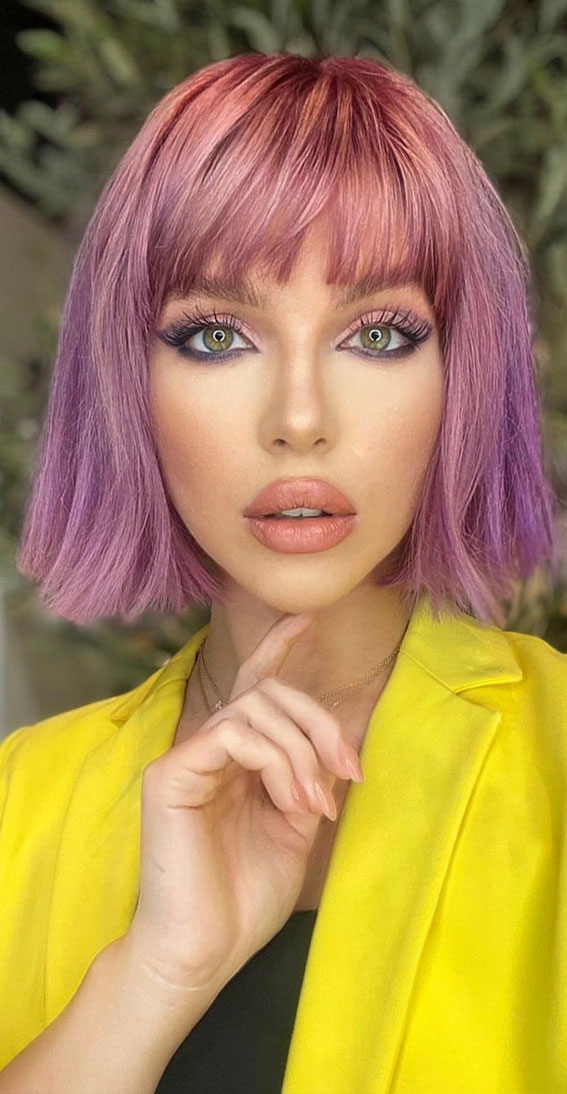 30+ Cute Fringe Hairstyles For Your New Look : Purple Choppy Bob with Bangs