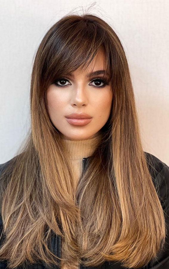 50+ Trendy Hair Colour For Every Women : Ombre Caramel Long Hair with Bangs