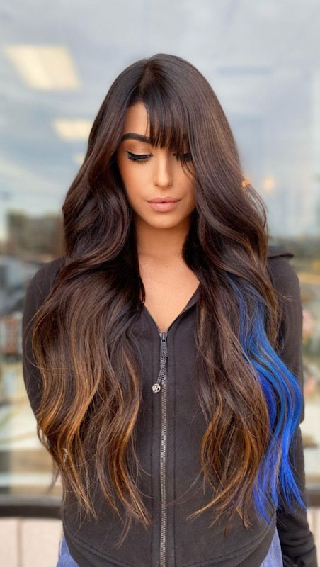 50+ Trendy Hair Colour For Every Women : Brunette with a Touch of Blue