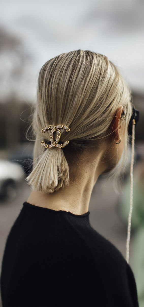 35+ Cute & Easy Ways to Style Short Hair : Chanel Hair Clip on Low Ponytail