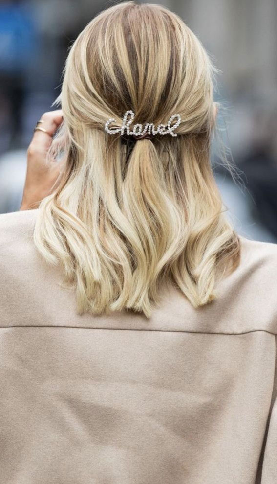 35+ Cute & Easy Ways to Style Short Hair : Blonde Half Up with Chanel Hair Clip